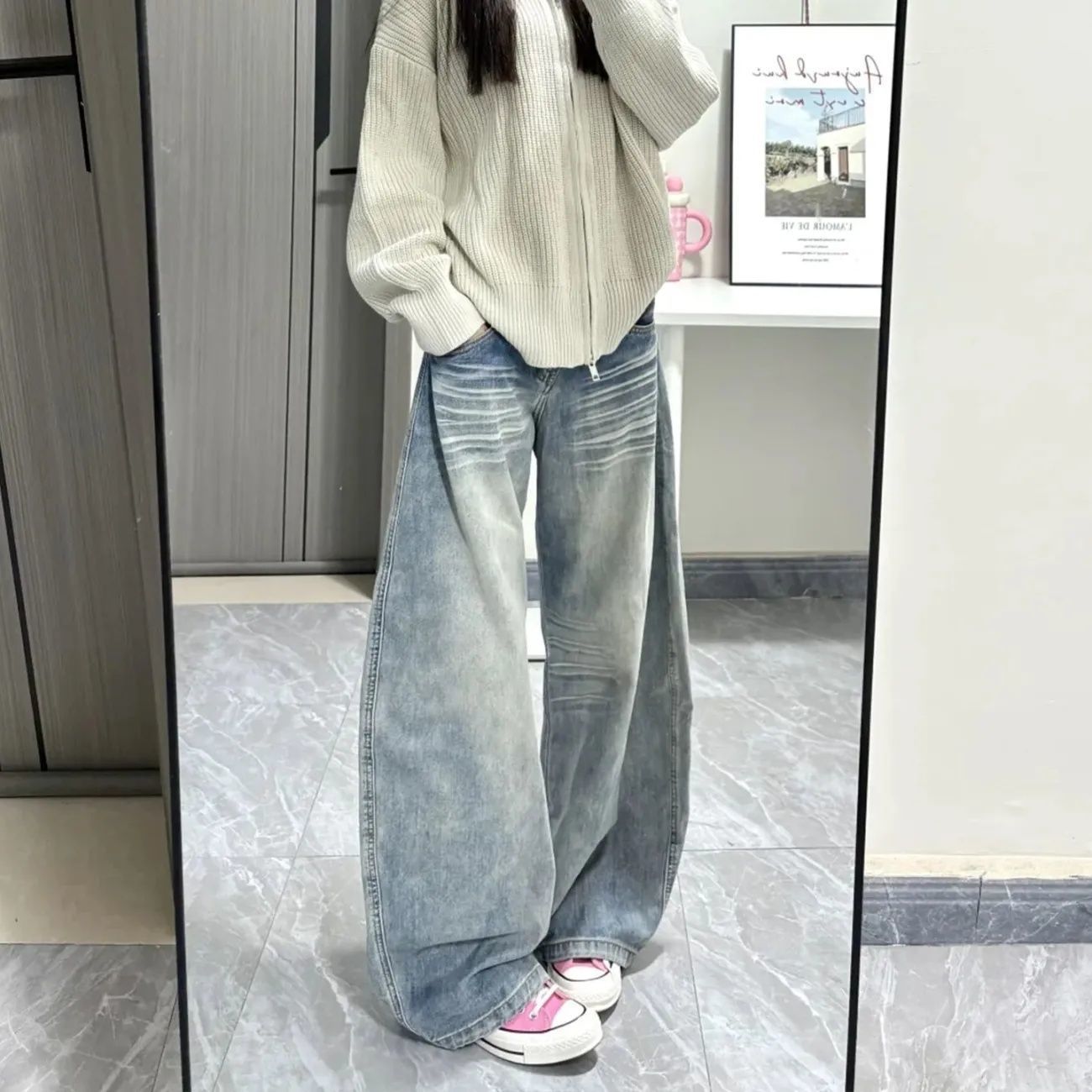 아메리칸 워싱 빈티지 엘보우 데님 신상 가을 느낌 디자인 와이드 낫 날씬해 보이는 백패딩 팬츠