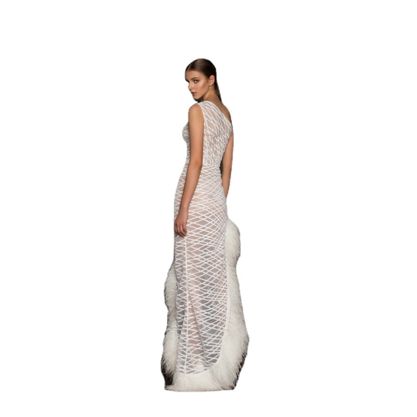 Vestido largo de noche elegante de malla con escote asimétrico sin mangas, estilo europeo y americano, novedad de primavera-verano 2025 para comercio transfronterizo.