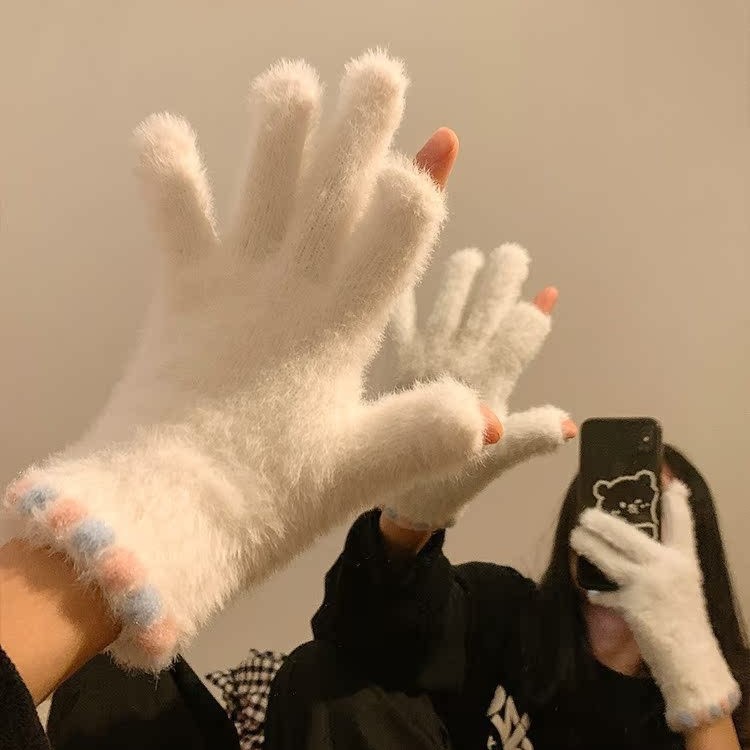 手套女士冬季保暖可爱糖豆露指触屏毛绒五指加绒加厚骑行骑车学生|undefined