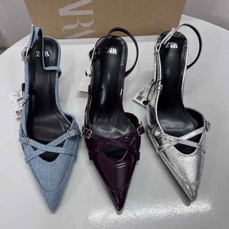 ZA2024 Autumn New Women's Shoes Denim Buckle Strap Pointed High Heel Muller Shoes Casual Fashion Sandals Women