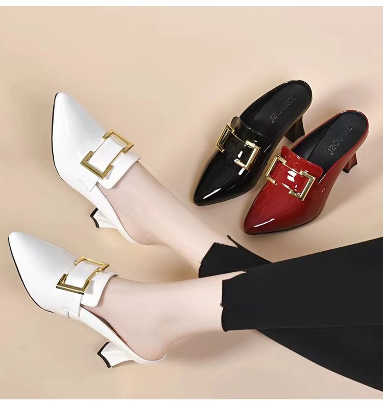 Giày mule nữ mũi nhọn da bóng gót thấp kiểu Pháp — Màu đen chi tiết 14