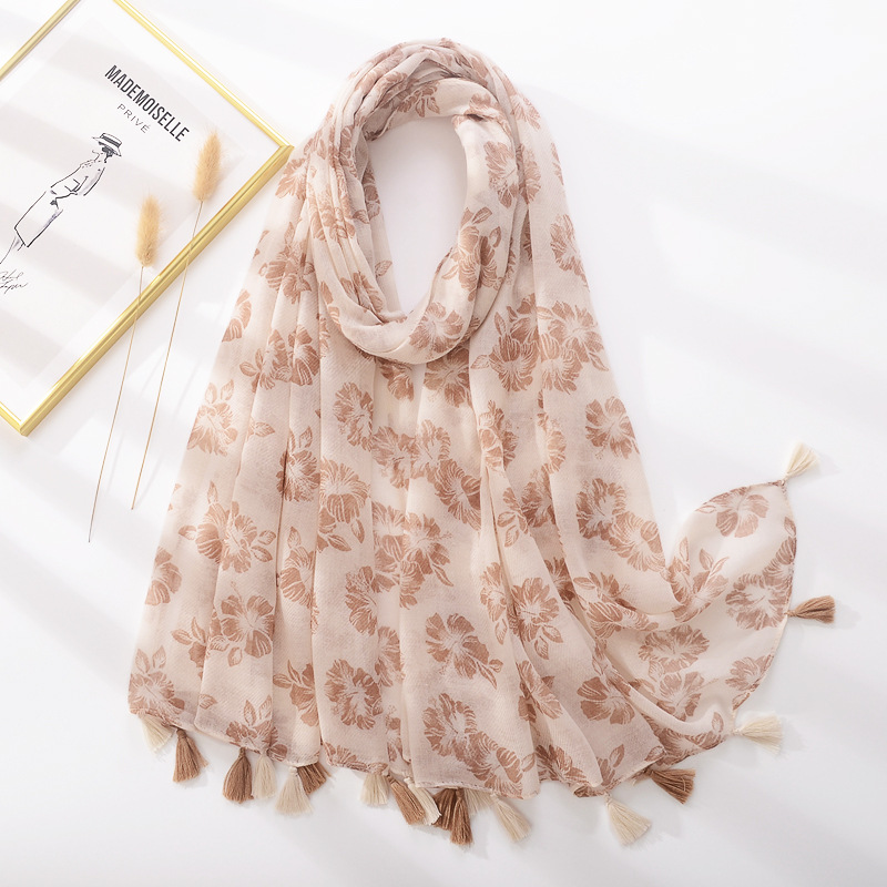2021 nuevo color puro caqui azul impreso borla Toalla de playa flor artística algodón y lino siente bufanda de seda bufanda de mujer