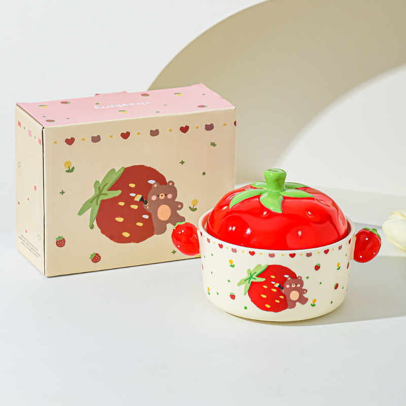Cartoon Strawberry adorable tazón de fideos de chicas bolos de fideos caseros bolos de cerámica de doble oreja con cubierta cubierta de platos de regalo set de platos
