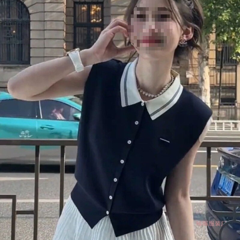 2026 Thin Ice Silk Sleeveless Knit Top for Women, 2026 New Summer College Style Color-Block Polo Collar Sleeveless Cotton