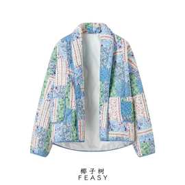 亚马逊跨境外贸欧美女装2024夏季新款印花棉衣翻领中长款外套
