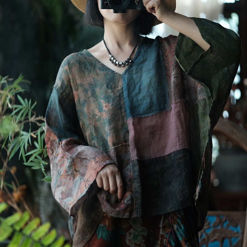Little Mud Girl Original Design Women's Clothing Retro Artistic Niche Style V-Neck Blouse Shirt T-Shirt 2242 Ramie Blend Little Mud Girl Original Design Women's Clothing Retro Artistic Niche Style V-Neck Blouse Shirt T-Shirt 2242 Ramie Blend