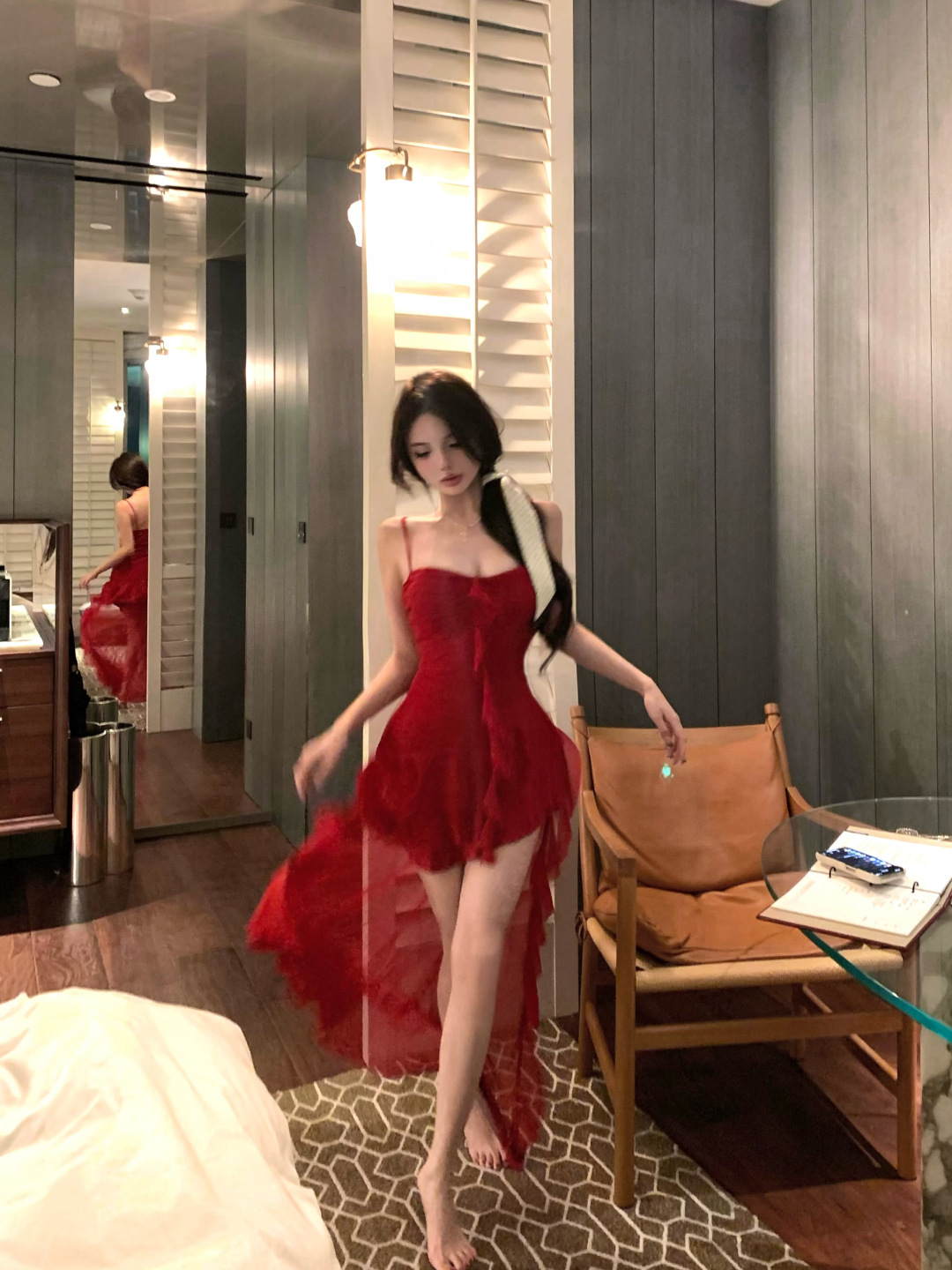 Traveling in the Great Northwest, Taking Photos in Xinjiang Grasslands, Wearing a Long Dress for Vacation, Women's Red Swallowtail Irregular Strap Dress