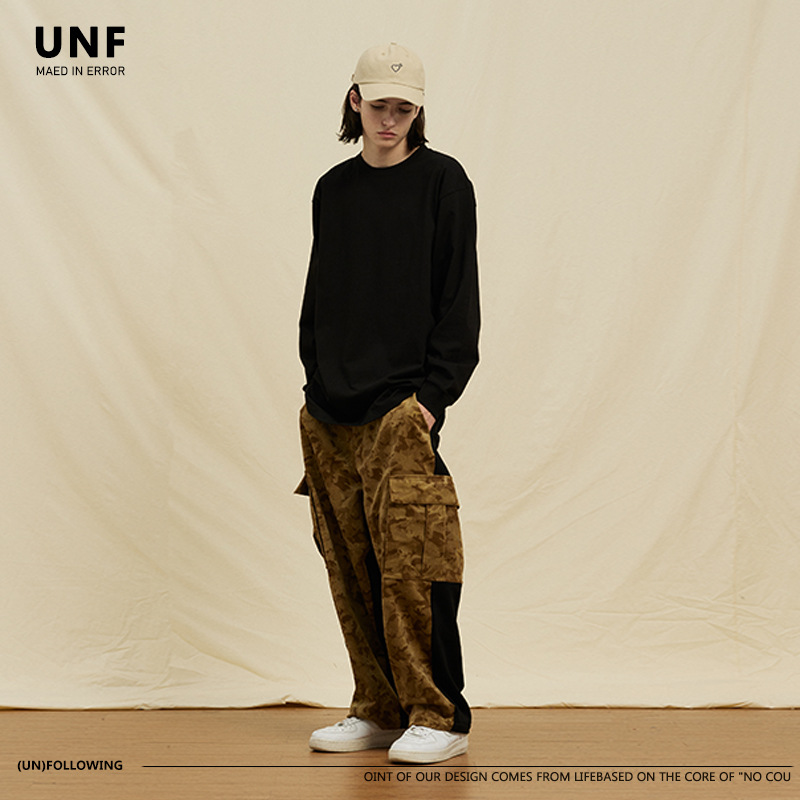 UNF otoño e invierno color sólido 300G algodón pesado suelta camiseta de manga larga básica japonesa para hombres y mujeres marca de moda tee