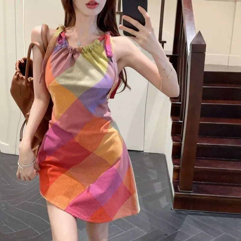 Трансграничное лето допамин носить шею без рукавов клетчатое платье женская талия уникальный дизайн сладкая пряная юбка