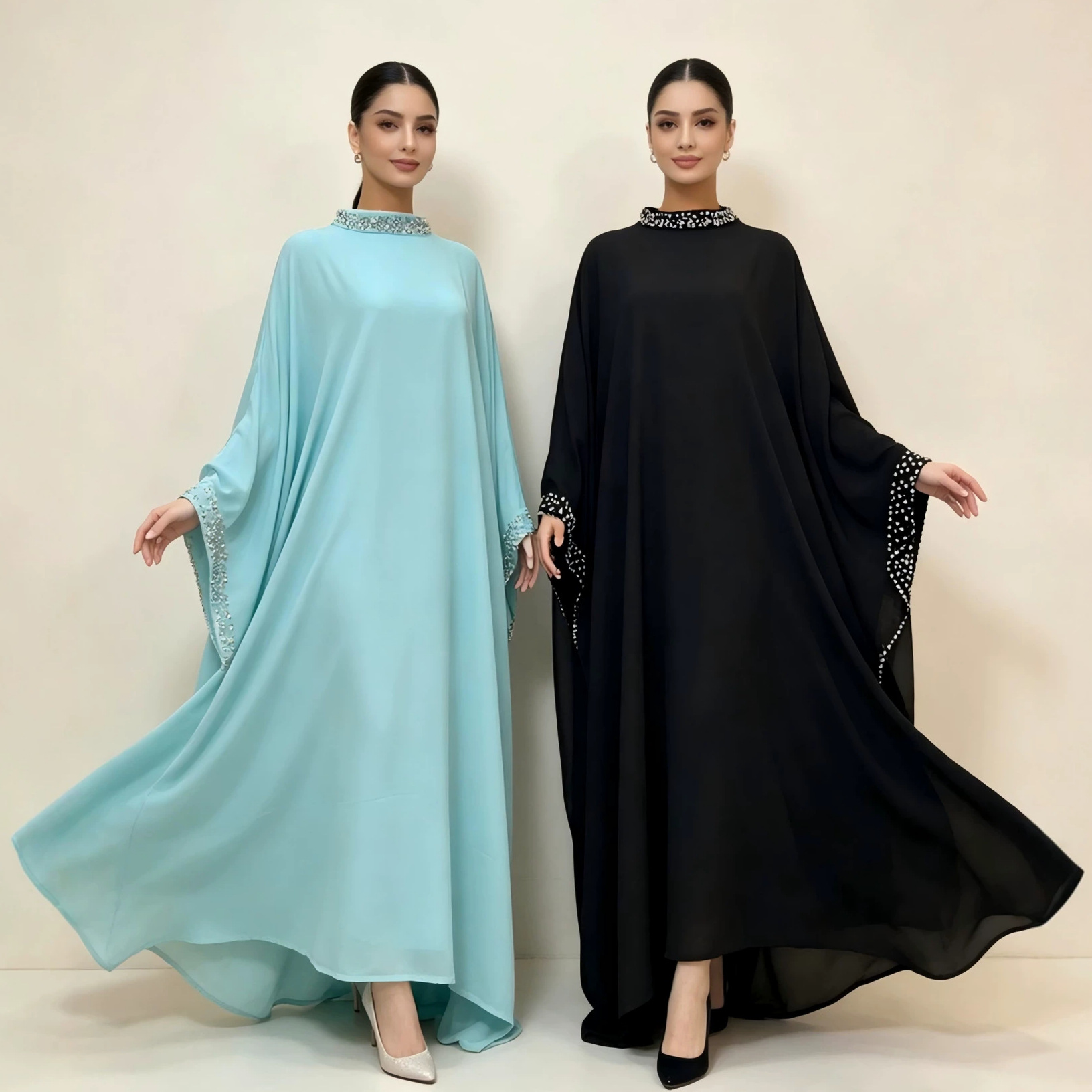 Heavy-duty rhinestone stand-up collar batwing sleeve chiffon long robe, luxurious loose fit, full skirt, flattering long dress, in stock.
