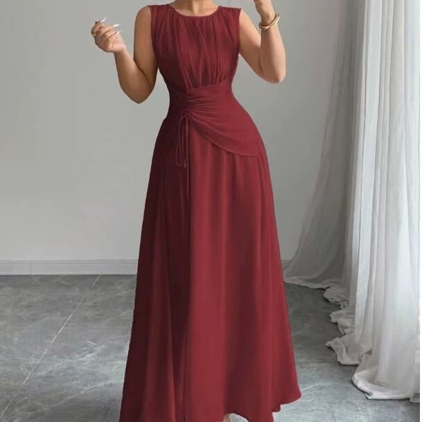 Elegant Navy Blue Summer Wedding Guest Chiffon Dress for Women, Vintage Sleeveless Long Dress with Drawstring Waist Elegant Navy Blue Summer Wedding Guest Chiffon Dress for Women, Vintage Sleeveless Long Dress with Drawstring Waist