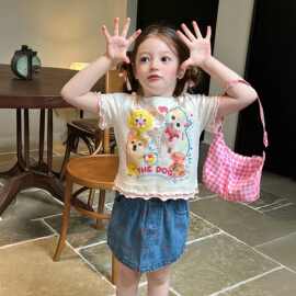 女童2026夏季小动物印花上衣夏季新款温柔甜美女宝宝T恤花边短袖