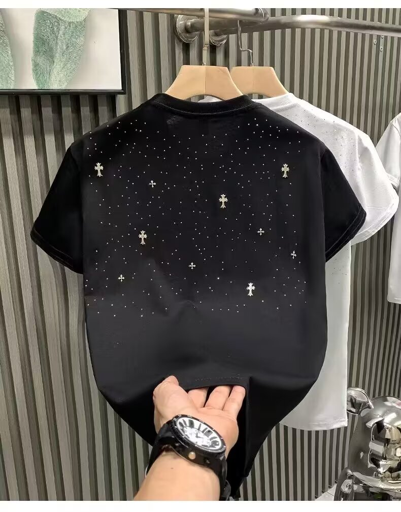 Men’s Crew Neck Short Sleeve T-Shirt, 100% Cotton Rhinestone Cross Sparkle Tee, Loose Casual Bling Top For Daily Wear Streetwear Club P Herren-t-shirt_desvips.com