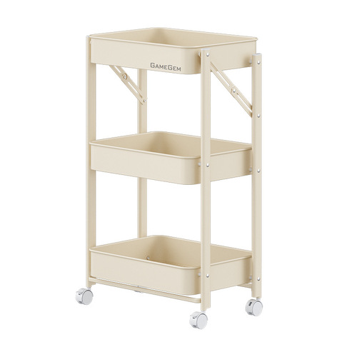 Folding trolley household storage rack kitchen floor mobile three-layer storage rack with wheels installation-free trolley