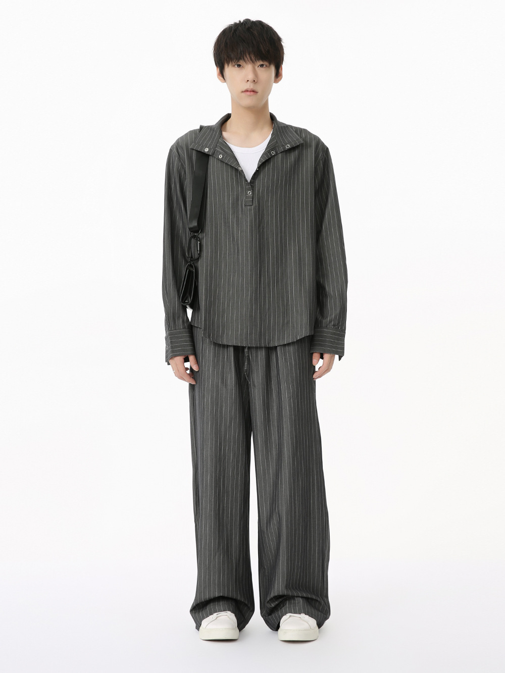 MTLCLOTHES Hombres| Camisas de cuello vertical a rayas coreanas, pantalones largos sueltos, moda de traje casual