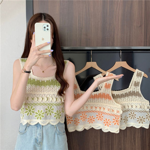 Vintage Crochet Embroidered Knitted Vest Sling Women's Summer Bohemian Ethnic Style Design Short Sleeveless Top