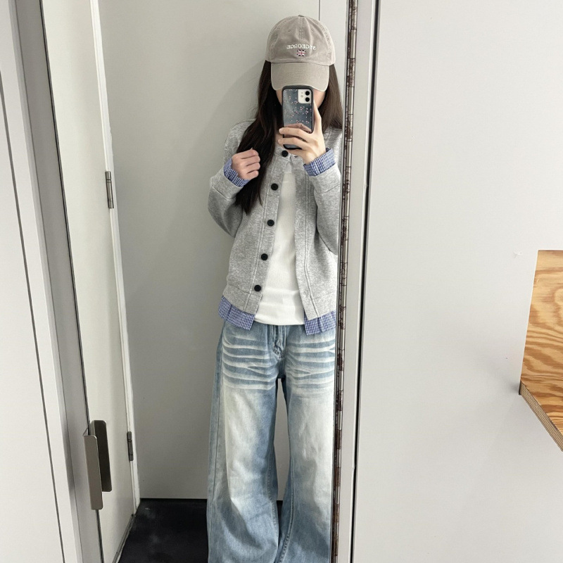 韩系假两件长袖外套上衣女秋季2025新款高级感宽松休闲卫衣开衫潮|undefined