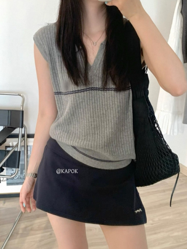 小刺绣V领撞色条纹针织马甲女2025夏季新款韩系修身显瘦无袖上衣|undefined