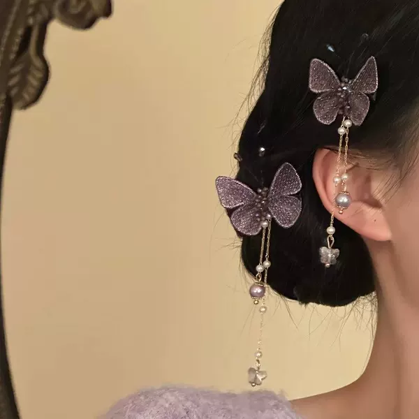 New Chinese-Style Butterfly Tassel Hairpin for Women, Fairy-Like Ancient Style Side Clip with Pearl Chain Hair Accessory, High-End Headpiece