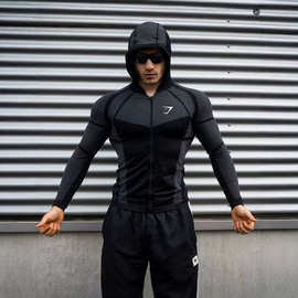 跨境现货工厂男士长袖运动速干透气弹力慢跑者GYMSHARK美式半拉链