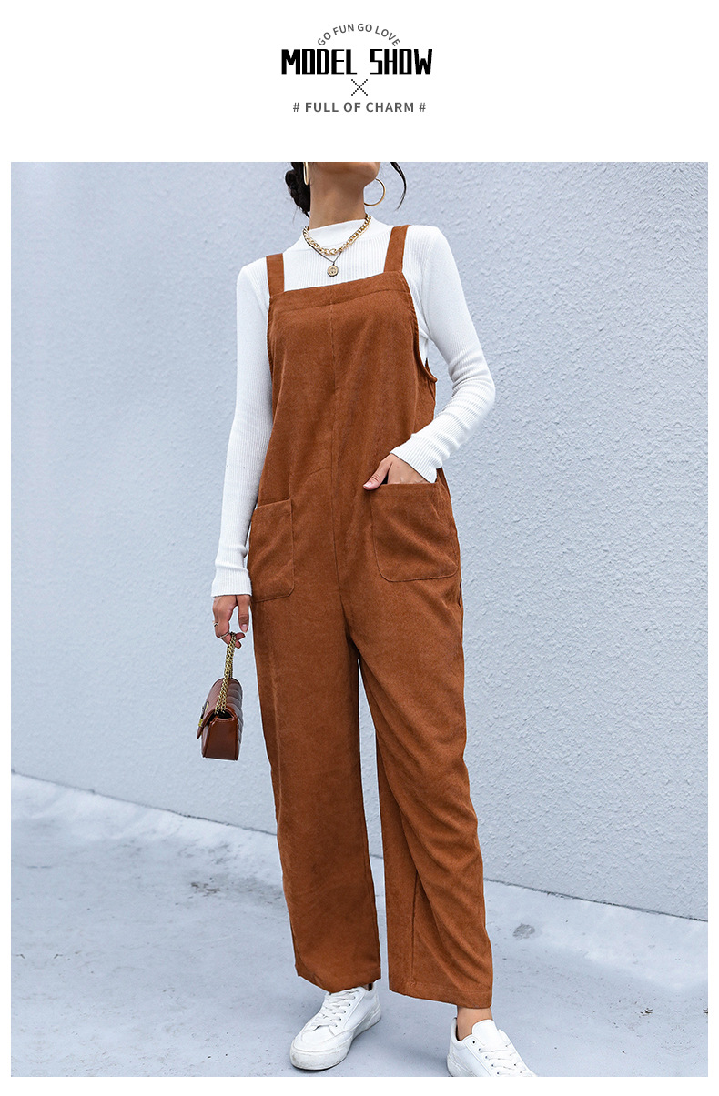 Salopette in velluto a coste ampia con tasca marrone_voghion.com