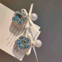 韩系蓝色水钻蝴蝶结发夹氛围感侧边碎发夹鸭嘴夹少女刘海夹头饰