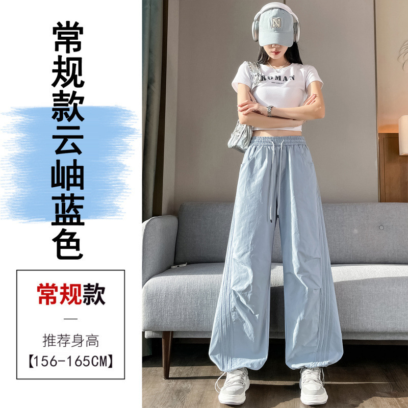 侧条纹速干裤工装裤女2025夏季薄款松紧腰束脚阔腿两穿哈伦运动裤|undefined