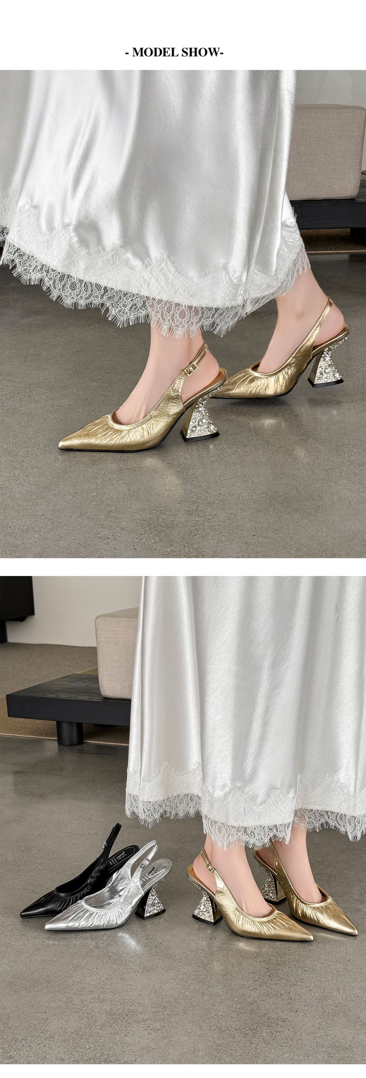 Sandal cao gót nữ mũi nhọn hở mũi quai sau xếp ly đính đá — màu đen, màu vàng, bạc chi tiết 5