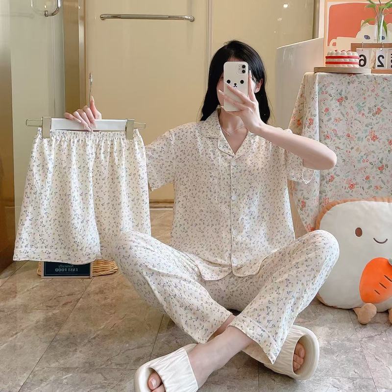 跨境云朵棉睡衣三件套女夏季短袖长裤短裤春秋季家居服套装外贸|undefined