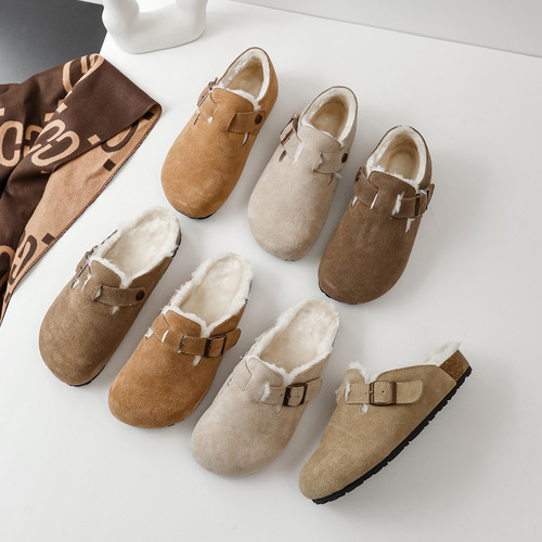 Women's cotton shoes plus fur and thickened genuine leather cow anti-fleece fur shoes  autumn and winter new snow shoes plus velvet Birkenstocks