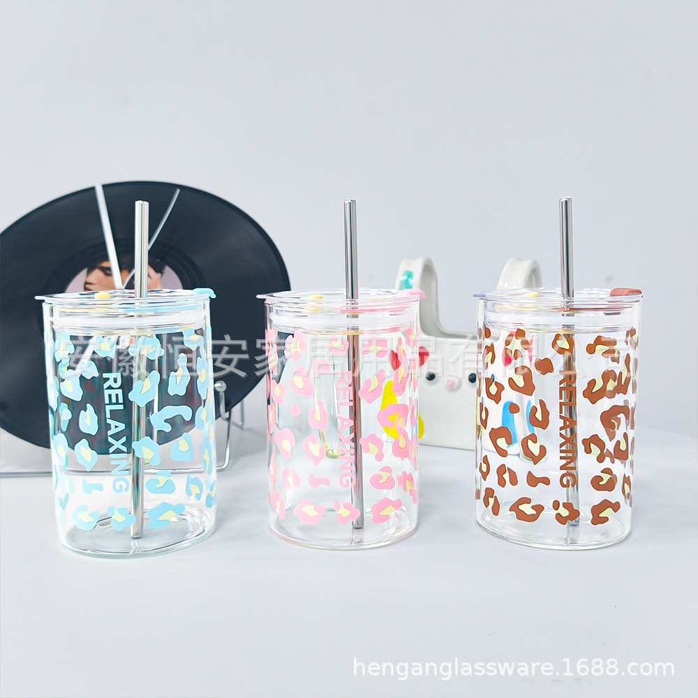 Classic Large-Capacity One-Liter Water Cup, High-Quality Printed Glass Cup, Stainless Steel Straw, High-Grade Straw Cup, High Temperature Resistant