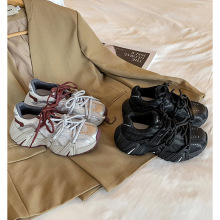 秋冬复古鸳鸯带厚底绑带银白色网面长高6cm增高运动休闲老爹鞋女