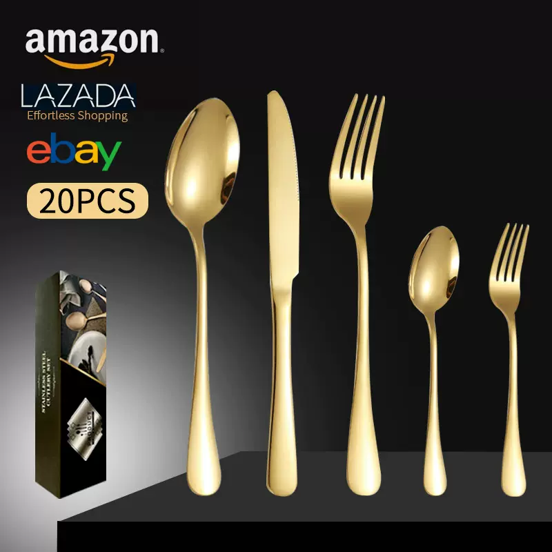跨境不锈钢餐具套装亚马逊西餐具牛排刀金色勺子20件套刀叉勺套装