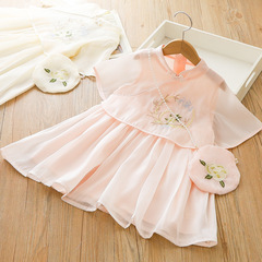 新款女童寶寶古裝中國風連衣裙2024夏季刺繡短袖仙女裙子送包