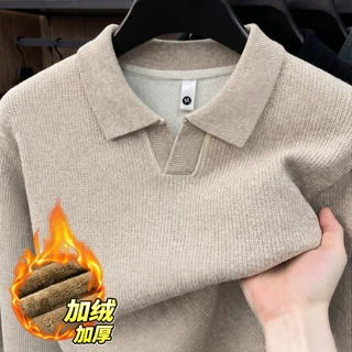 直播爆款加绒秋冬季中年翻领POLO衫保暖上衣翻领条纹长袖针织男装