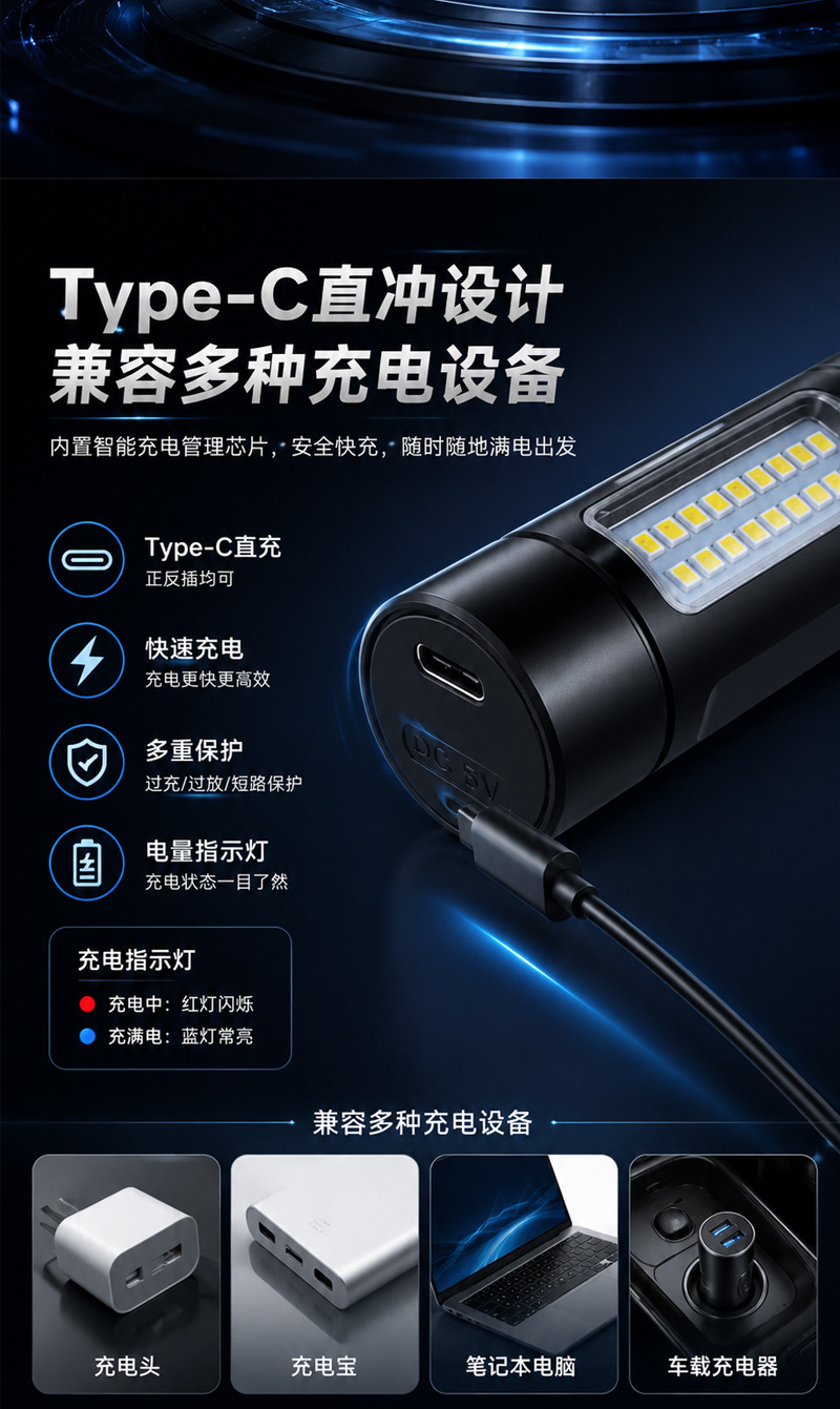 Cross-border LED high-brightness flashlight with zoom, portable outdoor lighting, white laser, USB rechargeable, warning work light