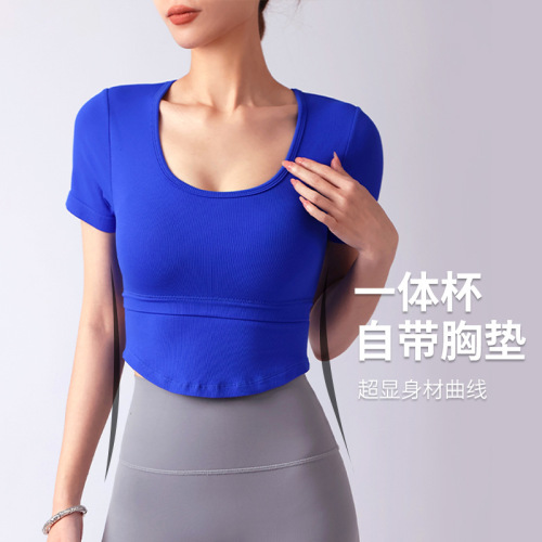 Back-hole fixed bra cups yoga top for women, summer short-sleeve fitness top, slimming and shaping exercise top