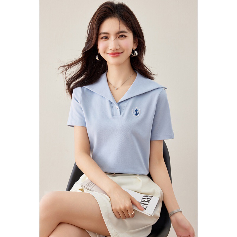 Real Shot of the 2025 Summer New French-Style Navy Collar Short-Sleeve T-Shirt with Unique Design, Casual T-Shirt Top, Polo Shirt