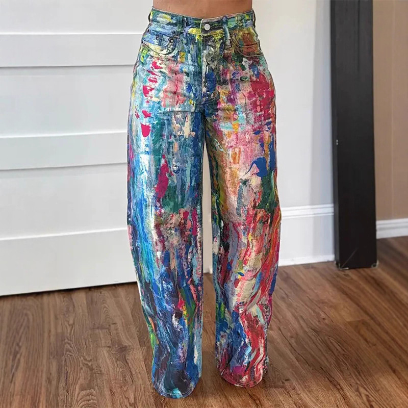 European and American Cross-Border 2025 Amazon Fashion Casual Y2K Straight Pants Painted Elastic Denim Pants