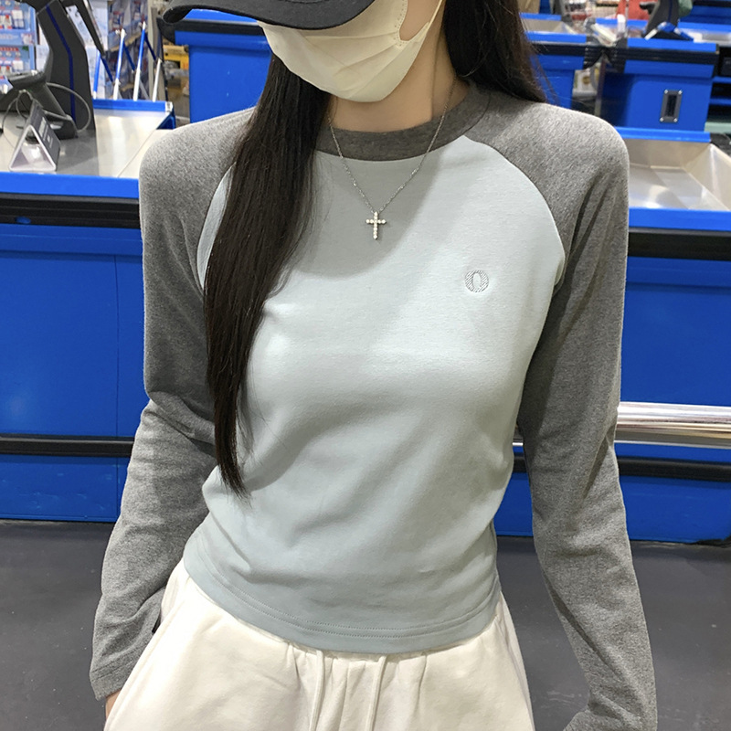 Small raglan sleeves contrast color round neck slim slim long sleeve T-shirt top female personality bottoming shirt manufacturers wholesale