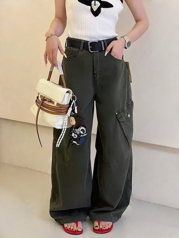 潮流重工休闲牛仔工装裤女2025秋季新款韩系宽松高腰显瘦阔腿长裤|undefined