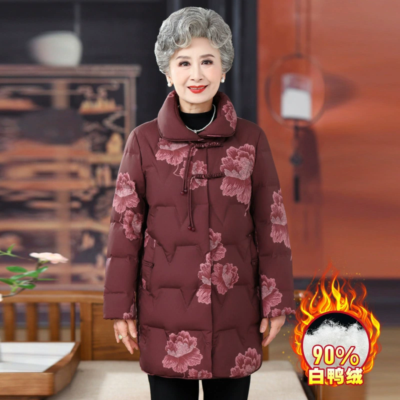 60-летняя 70-летняя пожилая женщина зимний теплый пуховик средней и длинной мамы с принтом темперамент бабушка день рождения куртка