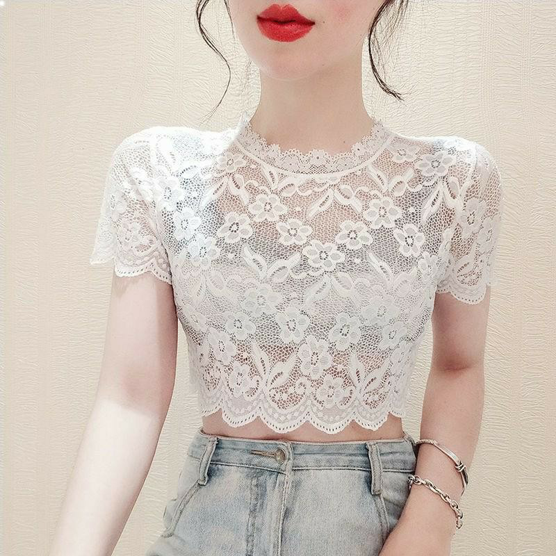 Women's Short-Sleeve Lace Camisole with Mesh Turtleneck Hollow Lace Top for Summer