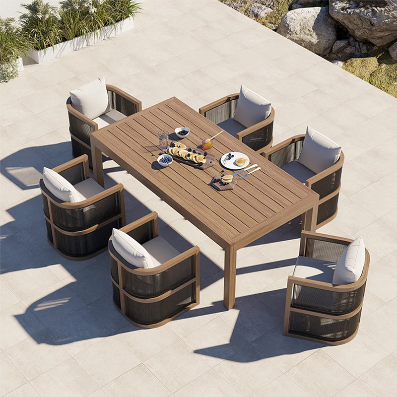 Mesa y silla de teca de caña al aire libre patio balcón al aire libre ocio de alta gama anticorrosión cuerda de madera trenzada silla combinación de muebles