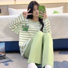 高档新款100纯棉带胸垫束口睡衣女春秋套装长袖中年妈妈冬可外穿