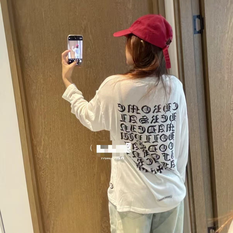 Cross-Border Supply, Self-Produced Ch Style American-Style Loose-Fitting Sanskrit Letter Print Sun-Protective Long-Sleeve T-Shirt for Men and Women