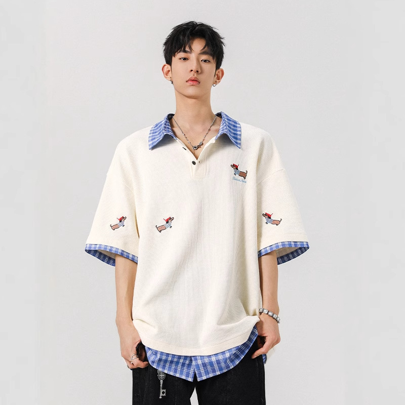 Dachshund Fake Two-Piece Polo Collar Short-Sleeved T-Shirt Men's High-Style Summer Fashion Brand Embroidered Loose Heavy Half-Sleeve Dachshund Fake Two-Piece Polo Collar Short-Sleeved T-Shirt Men's High-Style Summer Fashion Brand Embroidered Loose Heavy Half-Sleeve