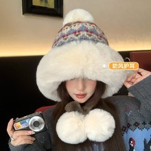 可爱毛绒帽子女冬季加绒针织毛线帽护耳保暖毛茸茸东北防寒雷锋帽