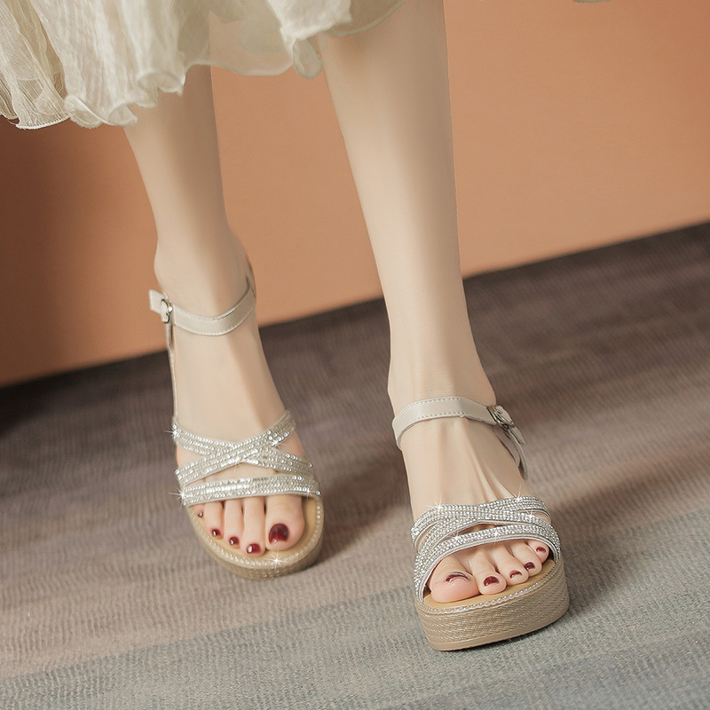 Sandal cao gót nữ đính đá phong cách cổ tích, gót xuồng 6.5 cm — M596 màu sâm panh