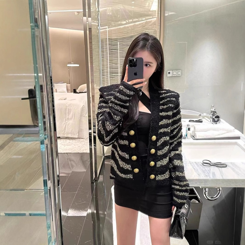 Balmain Same Style 2025 Spring New Arrival Heavy Industry Rivet Leopard Print Metal Button Double-breasted Knitted Jacket Top for Women